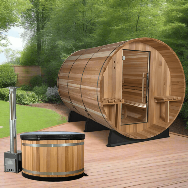 Almost Heaven Huntington 6 Person Barrel Sauna + Almost Heaven Kirami 4 Person Hot Tub