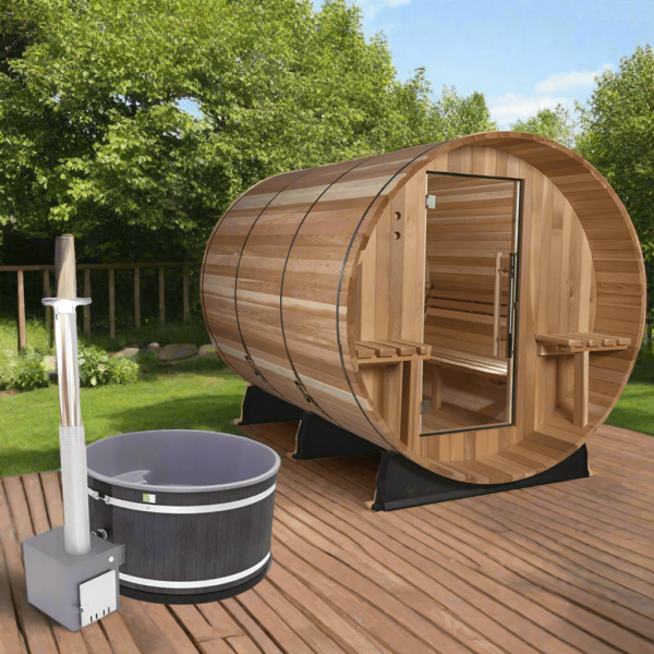 Almost Heaven Huntington 6 Person Barrel Sauna & Almost Heaven Serenity 4 Person Wood Fired Hot Tub