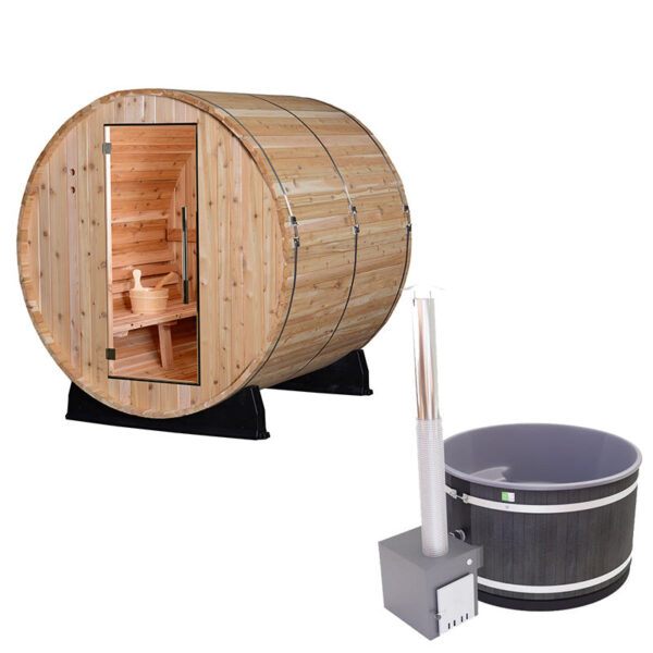 Almost Heaven Pinnacle 4 Person Barrel Sauna & Almost Heaven Serenity 4 Person Wood Fired Hot Tub