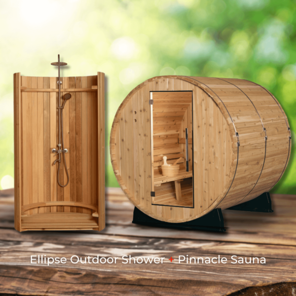 Almost Heaven Pinnacle 4 Person Outdoor Barrel Sauna &  Almost Heaven Ellipse Outdoor Shower