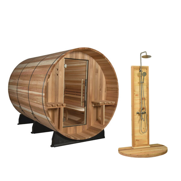 Almost Heaven Huntington 6 Person Canopy Outdoor Barrel Sauna &  Almost Heaven Tower Outdoor Shower