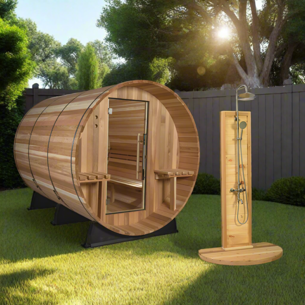 Almost Heaven Huntington 6 Person Canopy Outdoor Barrel Sauna &  Almost Heaven Tower Outdoor Shower