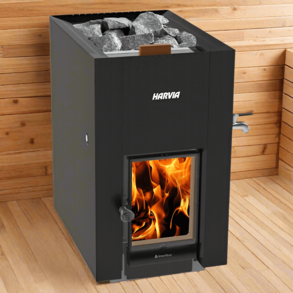 Harvia Linear 22 Greenflame 15.7kW ES Wood Burning Sauna Stove with Water Tank